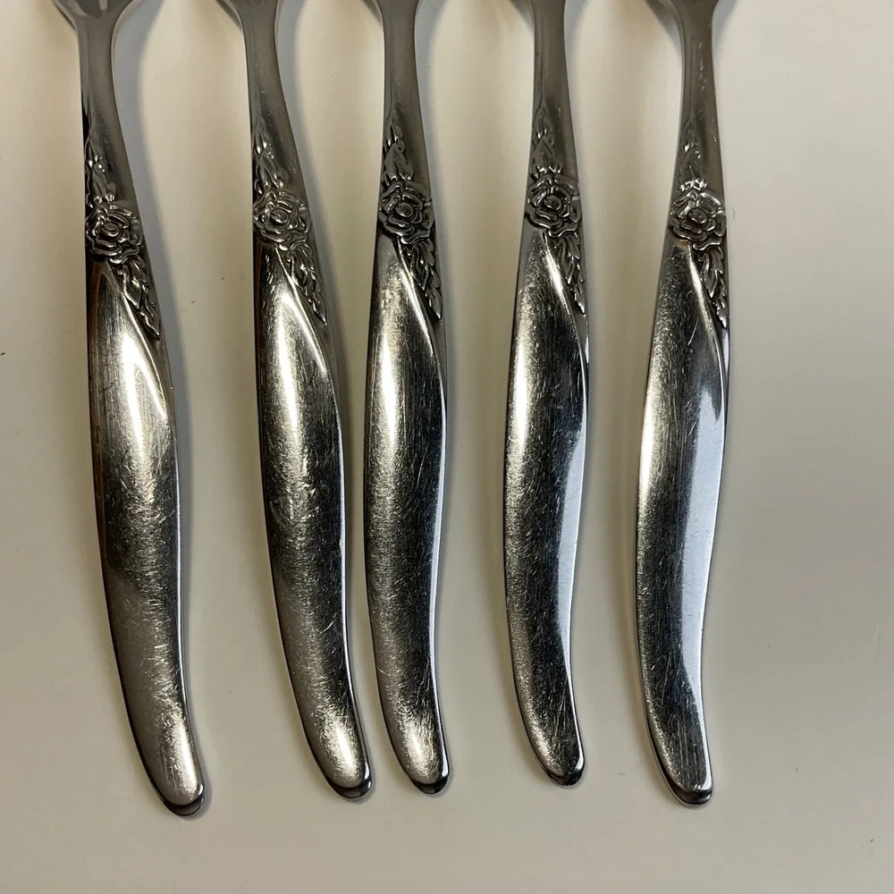 Oneida Wm A Rogers La Rose Salad Forks Vintage Stainless Steel Set of 5 Floral